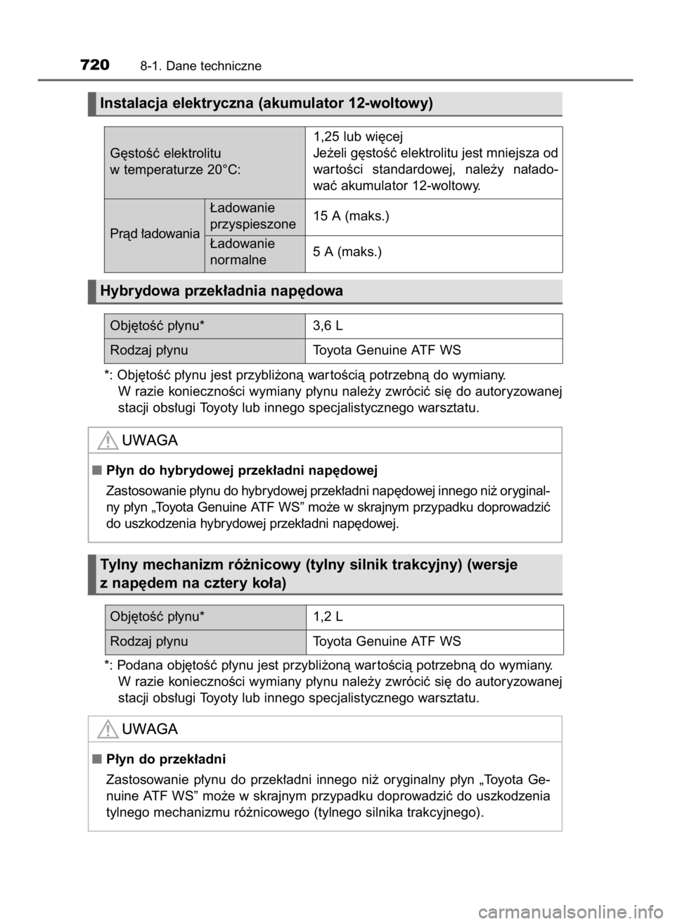 TOYOTA PRIUS 2020 Instrukcja obsługi (in Polish) *: Obj´toÊç p∏ynu jest przybli˝onà war toÊcià potrzebnà do wymiany.
W razie koniecznoÊci wymiany p∏ynu nale˝y zwróciç si´ do autoryzowanej
stacji obs∏ugi Toyoty lub innego specjalis TOYOTA PRIUS 2020 Instrukcja obsługi (in Polish) *: Obj´toÊç p∏ynu jest przybli˝onà war toÊcià potrzebnà do wymiany.
W razie koniecznoÊci wymiany p∏ynu nale˝y zwróciç si´ do autoryzowanej
stacji obs∏ugi Toyoty lub innego specjalis