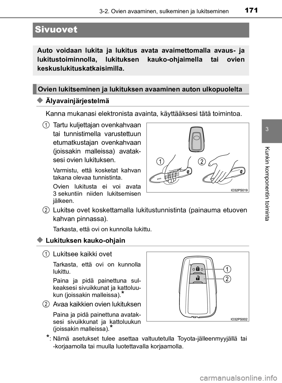 TOYOTA PRIUS 2020 Omistajan Käsikirja (in Finnish) 171
3
3-2. Ovien avaaminen, sulkeminen ja lukitseminen
Kunkin komponentin toiminta
OM47D46FI
Sivuovet
uÄlyavainjärjestelmä
Kanna mukanasi elektronista avainta, käyttääksesi tätä toimintoa.
Tar TOYOTA PRIUS 2020 Omistajan Käsikirja (in Finnish) 171
3
3-2. Ovien avaaminen, sulkeminen ja lukitseminen
Kunkin komponentin toiminta
OM47D46FI
Sivuovet
uÄlyavainjärjestelmä
Kanna mukanasi elektronista avainta, käyttääksesi tätä toimintoa.
Tar