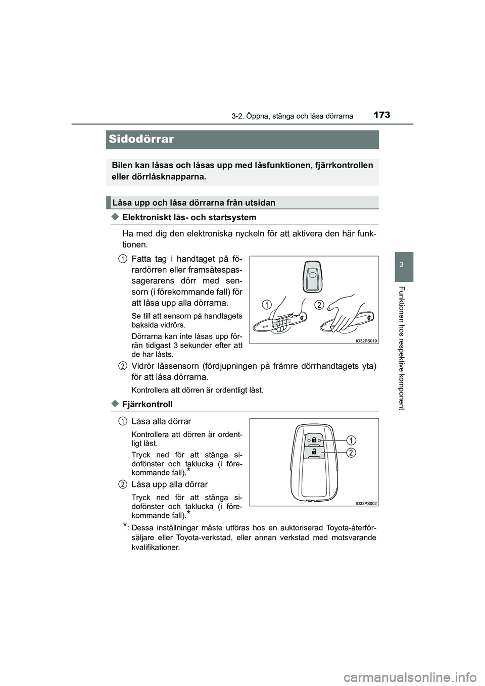 TOYOTA PRIUS 2020 Bruksanvisningar (in Swedish) 173
3
3-2. Öppna, stänga och låsa dörrarna
Funktionen hos respektive komponent
PRIUS_OM_OM47B91E_(EE)
Sidodörrar
uElektroniskt lås- och startsystem
Ha med dig den elektroniska nyckeln för att a TOYOTA PRIUS 2020 Bruksanvisningar (in Swedish) 173
3
3-2. Öppna, stänga och låsa dörrarna
Funktionen hos respektive komponent
PRIUS_OM_OM47B91E_(EE)
Sidodörrar
uElektroniskt lås- och startsystem
Ha med dig den elektroniska nyckeln för att a