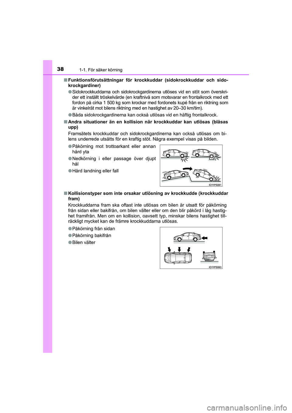 TOYOTA PRIUS 2020  Bruksanvisningar (in Swedish) 381-1. För säker körning
PRIUS_OM_OM47B91E_(EE)n
Funktionsförutsättningar för kro ckkuddar (sidokrockkuddar och sido-
krockgardiner)
l Sidokrockkuddarna och sidokrockgardinerna utlöses vid en s