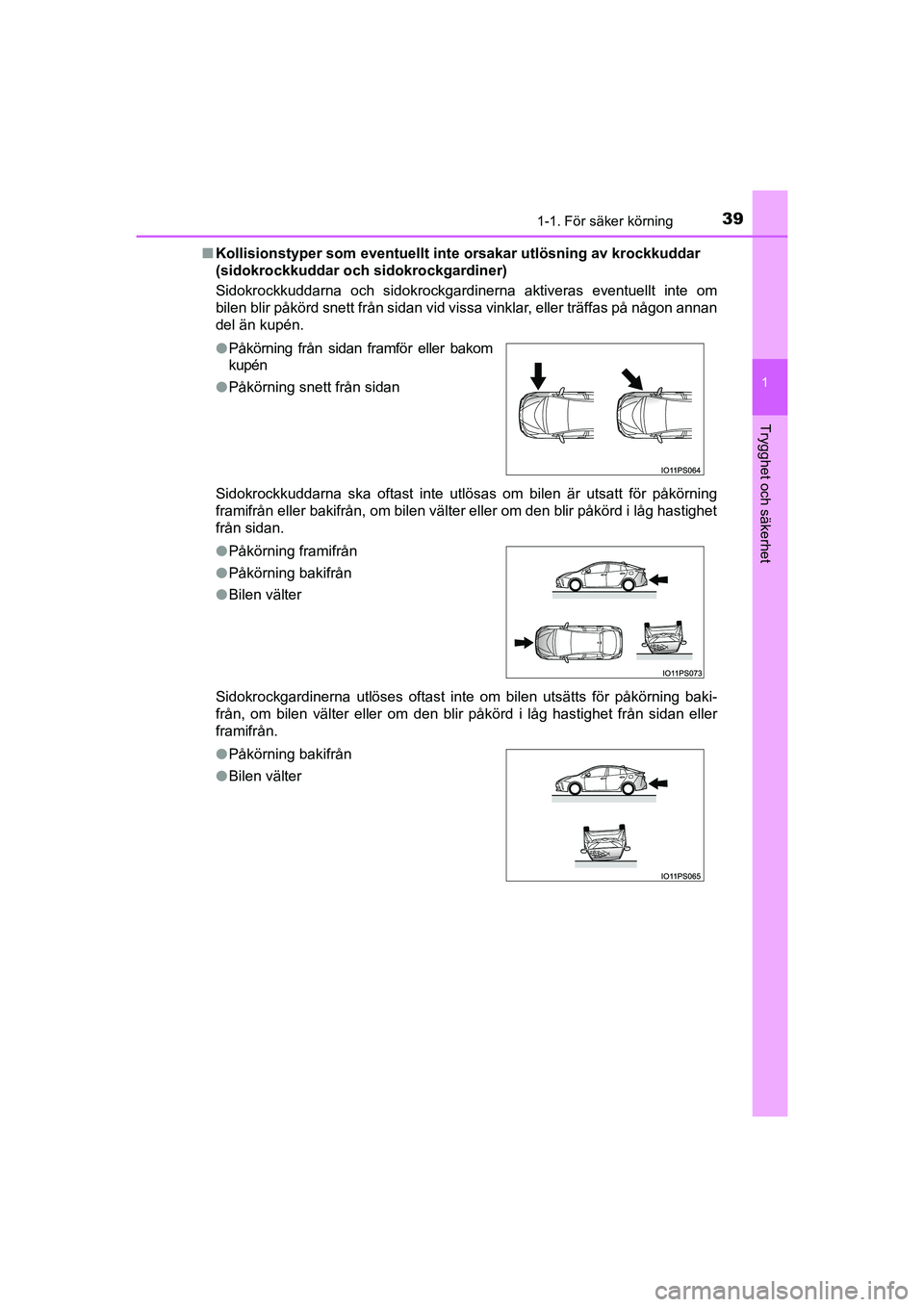 TOYOTA PRIUS 2020  Bruksanvisningar (in Swedish) 391-1. För säker körning
1
PRIUS_OM_OM47B91E_(EE)
Trygghet och säkerhet
nKollisionstyper som eventuellt inte  orsakar utlösning av krockkuddar 
(sidokrockkuddar och sidokrockgardiner)
Sidokrockku