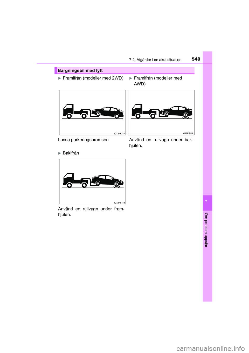 TOYOTA PRIUS 2020  Bruksanvisningar (in Swedish) 5497-2. Åtgärder i en akut situation
PRIUS_OM_OM47B91E_(EE)
7
Om problem uppstår
Bärgningsbil med lyft
Framifrån (modeller med 2WD)Framifrån (modeller med 
AWD)
Lossa parkeringsbromsen. An