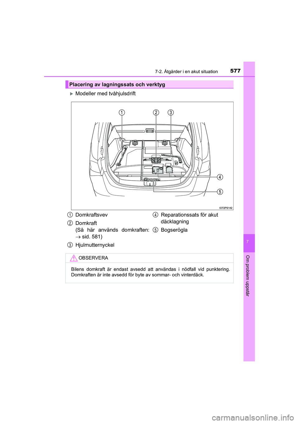 TOYOTA PRIUS 2020 Bruksanvisningar (in Swedish) 5777-2. Åtgärder i en akut situation
PRIUS_OM_OM47B91E_(EE)
7
Om problem uppstår
Modeller med tvåhjulsdrift
Placering av lagningssats och verktyg
Domkraftsvev
Domkraft
(Så här används domkr TOYOTA PRIUS 2020 Bruksanvisningar (in Swedish) 5777-2. Åtgärder i en akut situation
PRIUS_OM_OM47B91E_(EE)
7
Om problem uppstår
Modeller med tvåhjulsdrift
Placering av lagningssats och verktyg
Domkraftsvev
Domkraft
(Så här används domkr