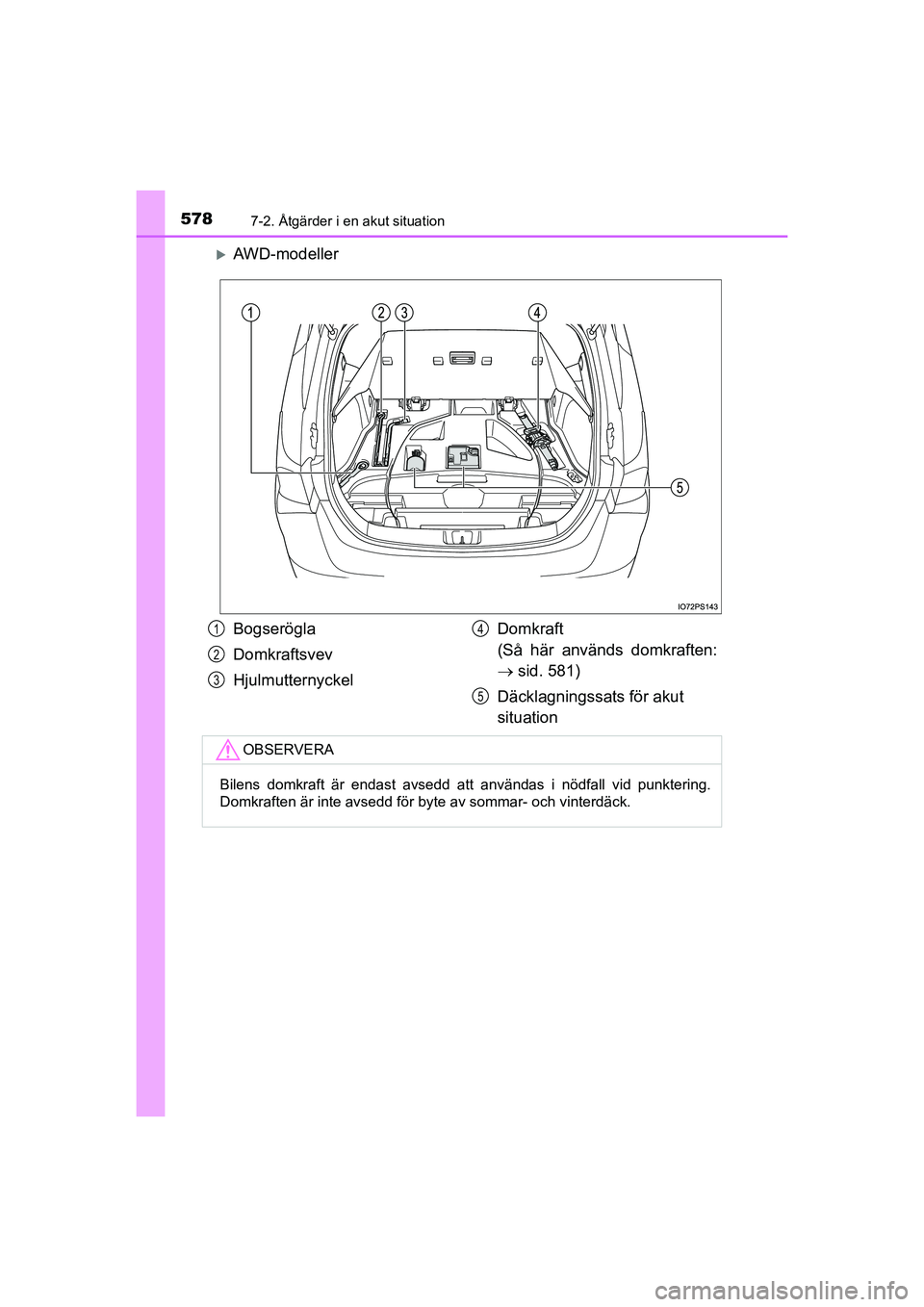 TOYOTA PRIUS 2020 Bruksanvisningar (in Swedish) 5787-2. Åtgärder i en akut situation
PRIUS_OM_OM47B91E_(EE)
AWD-modeller
Bogserögla
Domkraftsvev
HjulmutternyckelDomkraft
(Så här används domkraften:
sid. 581)
Däcklagningssats för aku TOYOTA PRIUS 2020 Bruksanvisningar (in Swedish) 5787-2. Åtgärder i en akut situation
PRIUS_OM_OM47B91E_(EE)
AWD-modeller
Bogserögla
Domkraftsvev
HjulmutternyckelDomkraft
(Så här används domkraften:
sid. 581)
Däcklagningssats för aku