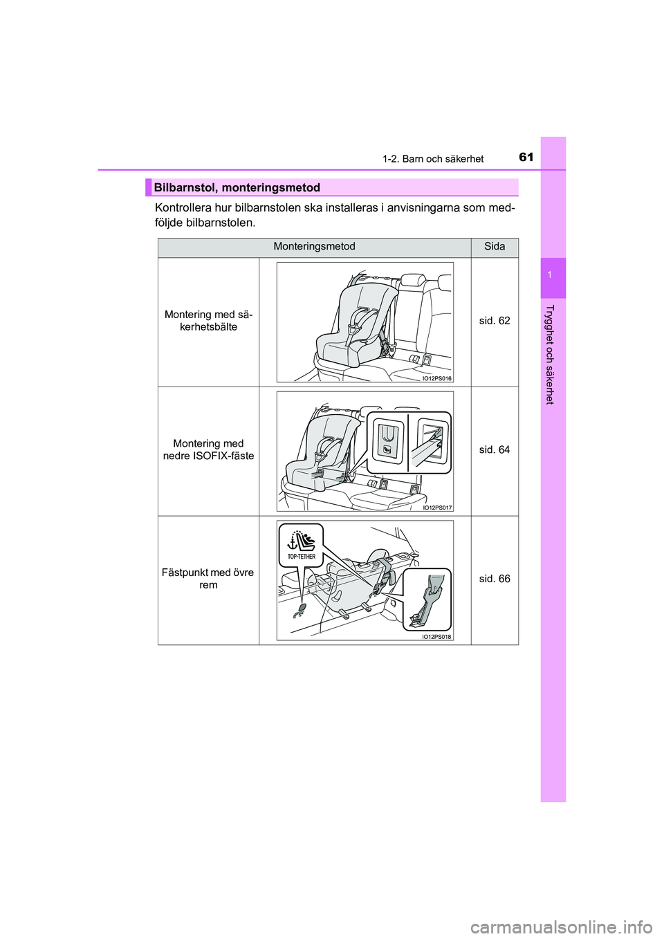 TOYOTA PRIUS 2020  Bruksanvisningar (in Swedish) 611-2. Barn och säkerhet
1
PRIUS_OM_OM47B91E_(EE)
Trygghet och säkerhet
Kontrollera hur bilbarnstolen ska installeras i anvisningarna som med-
följde bilbarnstolen.
Bilbarnstol, monteringsmetod
Mon