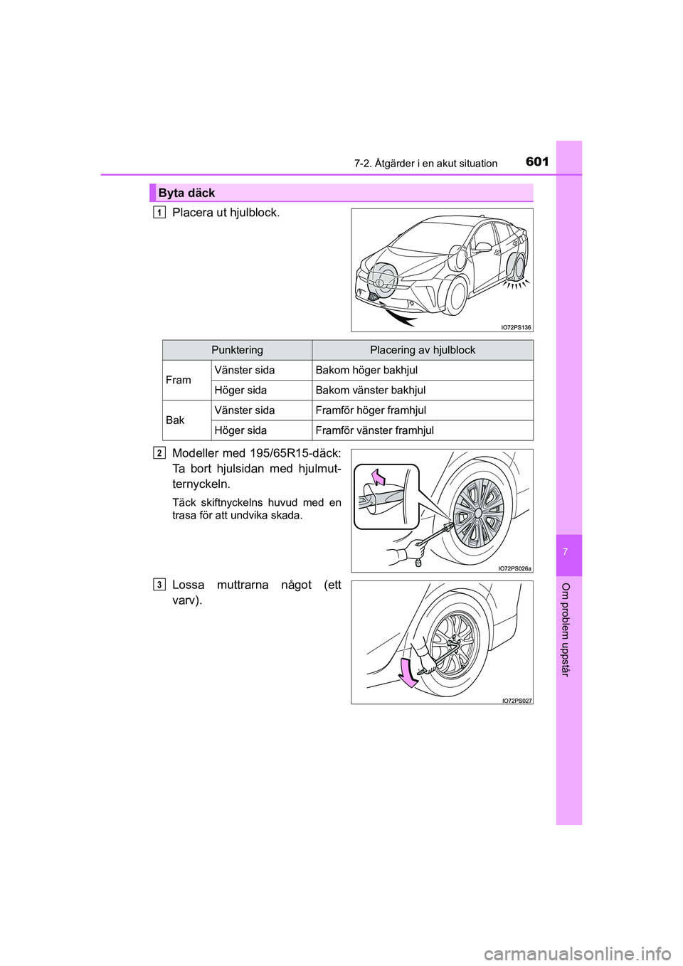 TOYOTA PRIUS 2020 Bruksanvisningar (in Swedish) 6017-2. Åtgärder i en akut situation
PRIUS_OM_OM47B91E_(EE)
7
Om problem uppstår
Placera ut hjulblock.
Modeller med 195/65R15-däck:
Ta bort hjulsidan med hjulmut-
ternyckeln.
Täck skiftnyckelns h TOYOTA PRIUS 2020 Bruksanvisningar (in Swedish) 6017-2. Åtgärder i en akut situation
PRIUS_OM_OM47B91E_(EE)
7
Om problem uppstår
Placera ut hjulblock.
Modeller med 195/65R15-däck:
Ta bort hjulsidan med hjulmut-
ternyckeln.
Täck skiftnyckelns h
