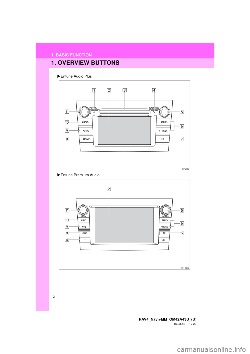 TOYOTA RAV4 2016 XA40 / 4.G Navigation Manual 12
RAV4_Navi+MM_OM42A43U_(U)
15.08.12     17:29
1. BASIC FUNCTION
1. OVERVIEW BUTTONS
Entune Audio Plus
 Entune Premium Audio 