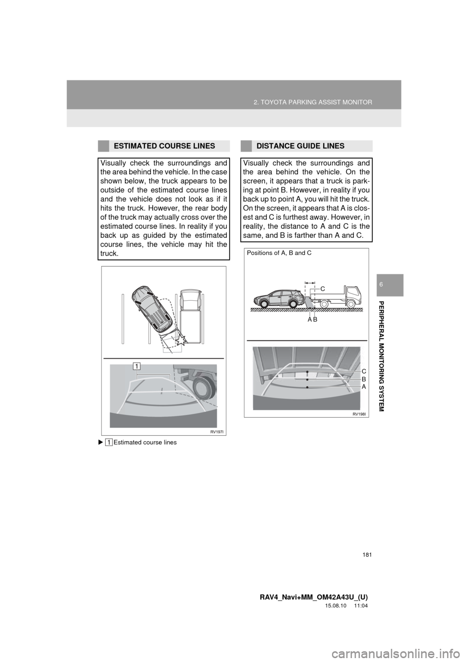 TOYOTA RAV4 2016 XA40 / 4.G Navigation Manual 181
2. TOYOTA PARKING ASSIST MONITOR
RAV4_Navi+MM_OM42A43U_(U)
15.08.10 11:04
PERIPHERAL MONITORING SYSTEM
6
Estimated course lines
ESTIMATED COURSE LINES
Visually check the surroundings and
t TOYOTA RAV4 2016 XA40 / 4.G Navigation Manual 181
2. TOYOTA PARKING ASSIST MONITOR
RAV4_Navi+MM_OM42A43U_(U)
15.08.10 11:04
PERIPHERAL MONITORING SYSTEM
6
Estimated course lines
ESTIMATED COURSE LINES
Visually check the surroundings and
t