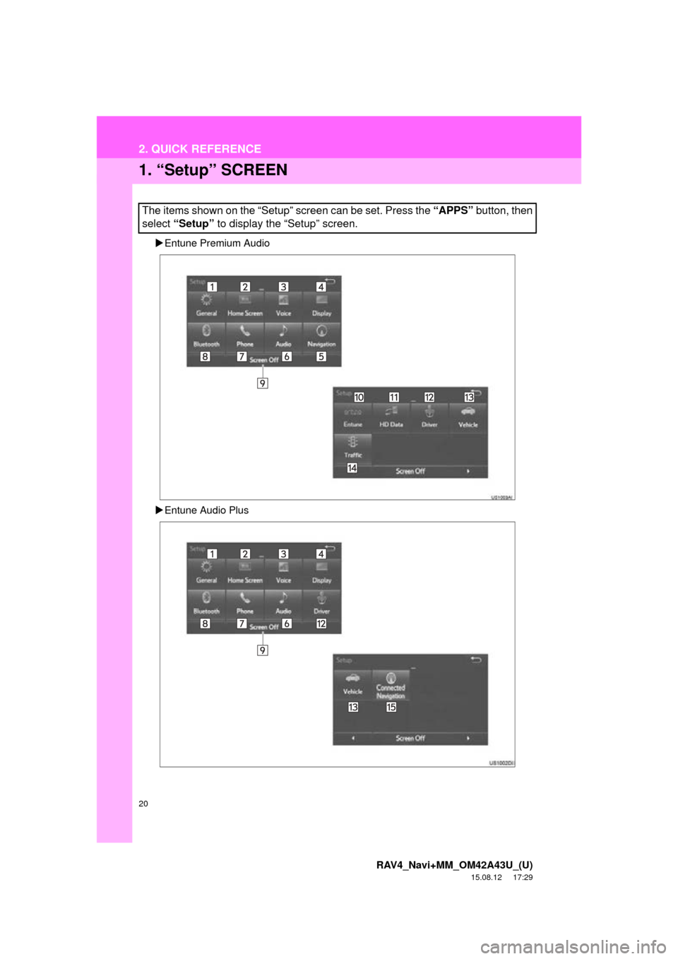 TOYOTA RAV4 2016 XA40 / 4.G Navigation Manual 20
RAV4_Navi+MM_OM42A43U_(U)
15.08.12     17:29
2. QUICK REFERENCE
1. “Setup” SCREEN
Entune Premium Audio
 Entune Audio Plus
The items shown on the “Setup” screen can be set. Press the  