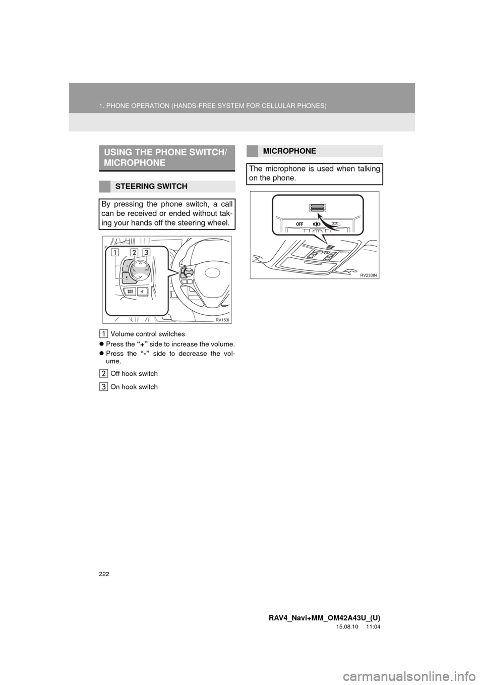TOYOTA RAV4 2016 XA40 / 4.G Navigation Manual 222
1. PHONE OPERATION (HANDS-FREE SYSTEM FOR CELLULAR PHONES)
RAV4_Navi+MM_OM42A43U_(U)
15.08.10 11:04
Volume control switches
Press the “+” side to increase the volume.
Press the TOYOTA RAV4 2016 XA40 / 4.G Navigation Manual 222
1. PHONE OPERATION (HANDS-FREE SYSTEM FOR CELLULAR PHONES)
RAV4_Navi+MM_OM42A43U_(U)
15.08.10 11:04
Volume control switches
Press the “+” side to increase the volume.
Press the