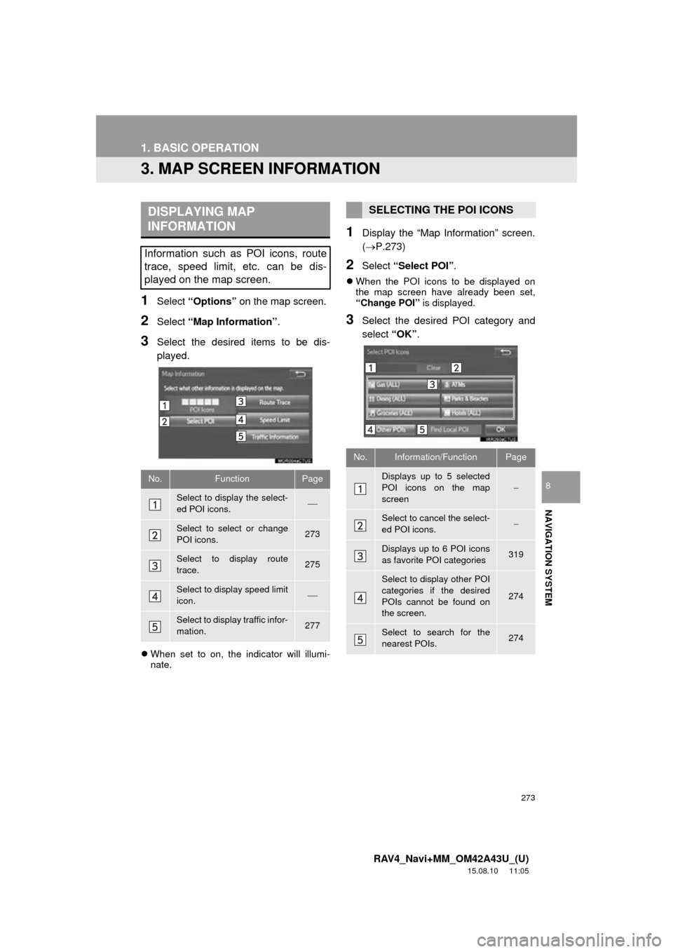 TOYOTA RAV4 2016 XA40 / 4.G Navigation Manual 273
1. BASIC OPERATION
RAV4_Navi+MM_OM42A43U_(U)
15.08.10 11:05
NAVIGATION SYSTEM
8
3. MAP SCREEN INFORMATION
1Select “Options” on the map screen.
2Select “Map Information” .
3Select the TOYOTA RAV4 2016 XA40 / 4.G Navigation Manual 273
1. BASIC OPERATION
RAV4_Navi+MM_OM42A43U_(U)
15.08.10 11:05
NAVIGATION SYSTEM
8
3. MAP SCREEN INFORMATION
1Select “Options” on the map screen.
2Select “Map Information” .
3Select the