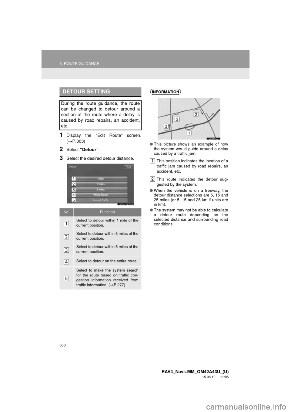 TOYOTA RAV4 2016 XA40 / 4.G Navigation Manual 306
3. ROUTE GUIDANCE
RAV4_Navi+MM_OM42A43U_(U)
15.08.10 11:05
1Display the “Edit Route” screen.
(P.303)
2Select “Detour” .
3Select the desired detour distance.
DETOUR SETTING
During th TOYOTA RAV4 2016 XA40 / 4.G Navigation Manual 306
3. ROUTE GUIDANCE
RAV4_Navi+MM_OM42A43U_(U)
15.08.10 11:05
1Display the “Edit Route” screen.
(P.303)
2Select “Detour” .
3Select the desired detour distance.
DETOUR SETTING
During th