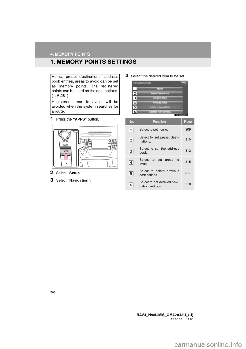 TOYOTA RAV4 2016 XA40 / 4.G Navigation Manual 308
RAV4_Navi+MM_OM42A43U_(U)
15.08.10 11:05
4. MEMORY POINTS
1. MEMORY POINTS SETTINGS
1Press the “APPS” button.
2Select “Setup” .
3Select “Navigation” .
4Select the desired item to TOYOTA RAV4 2016 XA40 / 4.G Navigation Manual 308
RAV4_Navi+MM_OM42A43U_(U)
15.08.10 11:05
4. MEMORY POINTS
1. MEMORY POINTS SETTINGS
1Press the “APPS” button.
2Select “Setup” .
3Select “Navigation” .
4Select the desired item to
