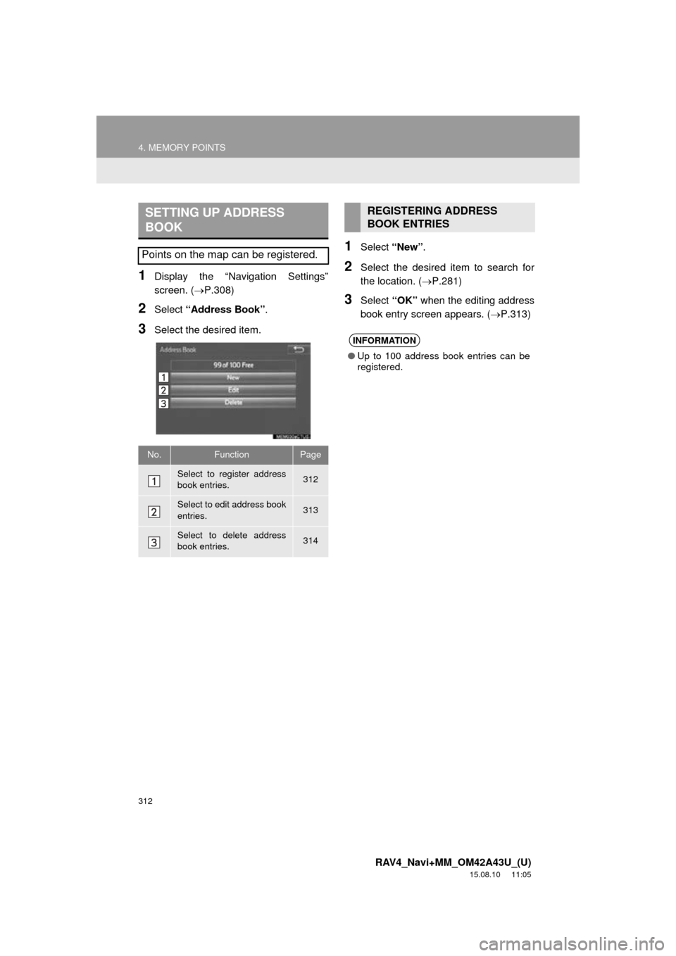 TOYOTA RAV4 2016 XA40 / 4.G Navigation Manual 312
4. MEMORY POINTS
RAV4_Navi+MM_OM42A43U_(U)
15.08.10 11:05
1Display the “Navigation Settings”
screen. (P.308)
2Select “Address Book” .
3Select the desired item.
1Select “New”.
2S TOYOTA RAV4 2016 XA40 / 4.G Navigation Manual 312
4. MEMORY POINTS
RAV4_Navi+MM_OM42A43U_(U)
15.08.10 11:05
1Display the “Navigation Settings”
screen. (P.308)
2Select “Address Book” .
3Select the desired item.
1Select “New”.
2S