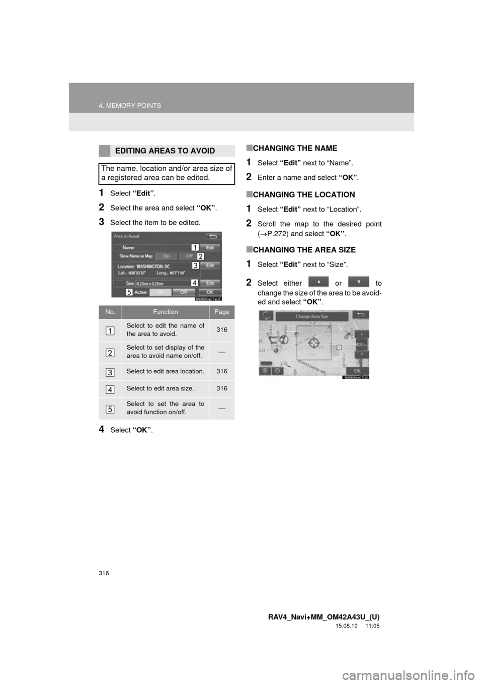 TOYOTA RAV4 2016 XA40 / 4.G Navigation Manual 316
4. MEMORY POINTS
RAV4_Navi+MM_OM42A43U_(U)
15.08.10 11:05
1Select “Edit”.
2Select the area and select “OK”.
3Select the item to be edited.
4Select “OK”.
■CHANGING THE NAME
1Sel TOYOTA RAV4 2016 XA40 / 4.G Navigation Manual 316
4. MEMORY POINTS
RAV4_Navi+MM_OM42A43U_(U)
15.08.10 11:05
1Select “Edit”.
2Select the area and select “OK”.
3Select the item to be edited.
4Select “OK”.
■CHANGING THE NAME
1Sel