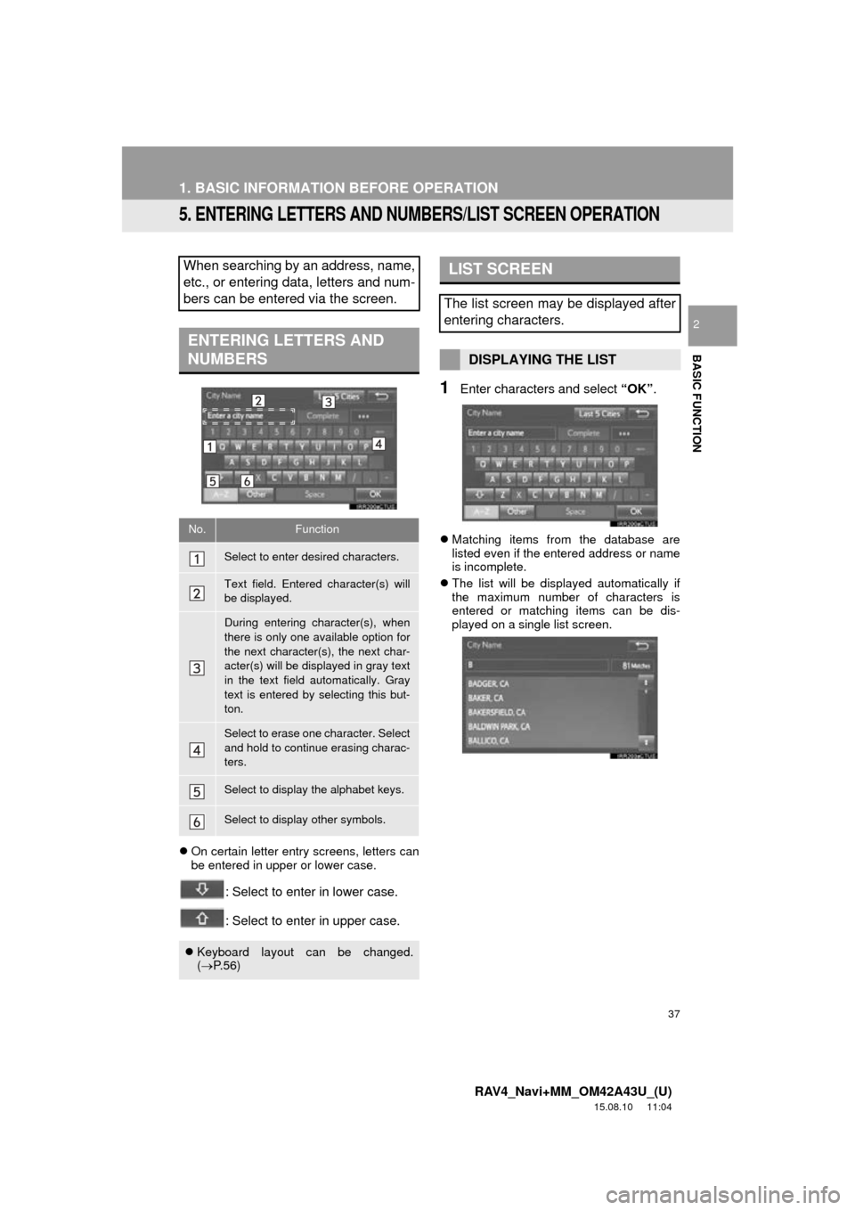 TOYOTA RAV4 2016 XA40 / 4.G Navigation Manual 37
1. BASIC INFORMATION BEFORE OPERATION
RAV4_Navi+MM_OM42A43U_(U)
15.08.10 11:04
BASIC FUNCTION
2
5. ENTERING LETTERS AND NUMBERS/LIST SCREEN OPERATION
On certain letter entry screens, letters TOYOTA RAV4 2016 XA40 / 4.G Navigation Manual 37
1. BASIC INFORMATION BEFORE OPERATION
RAV4_Navi+MM_OM42A43U_(U)
15.08.10 11:04
BASIC FUNCTION
2
5. ENTERING LETTERS AND NUMBERS/LIST SCREEN OPERATION
On certain letter entry screens, letters