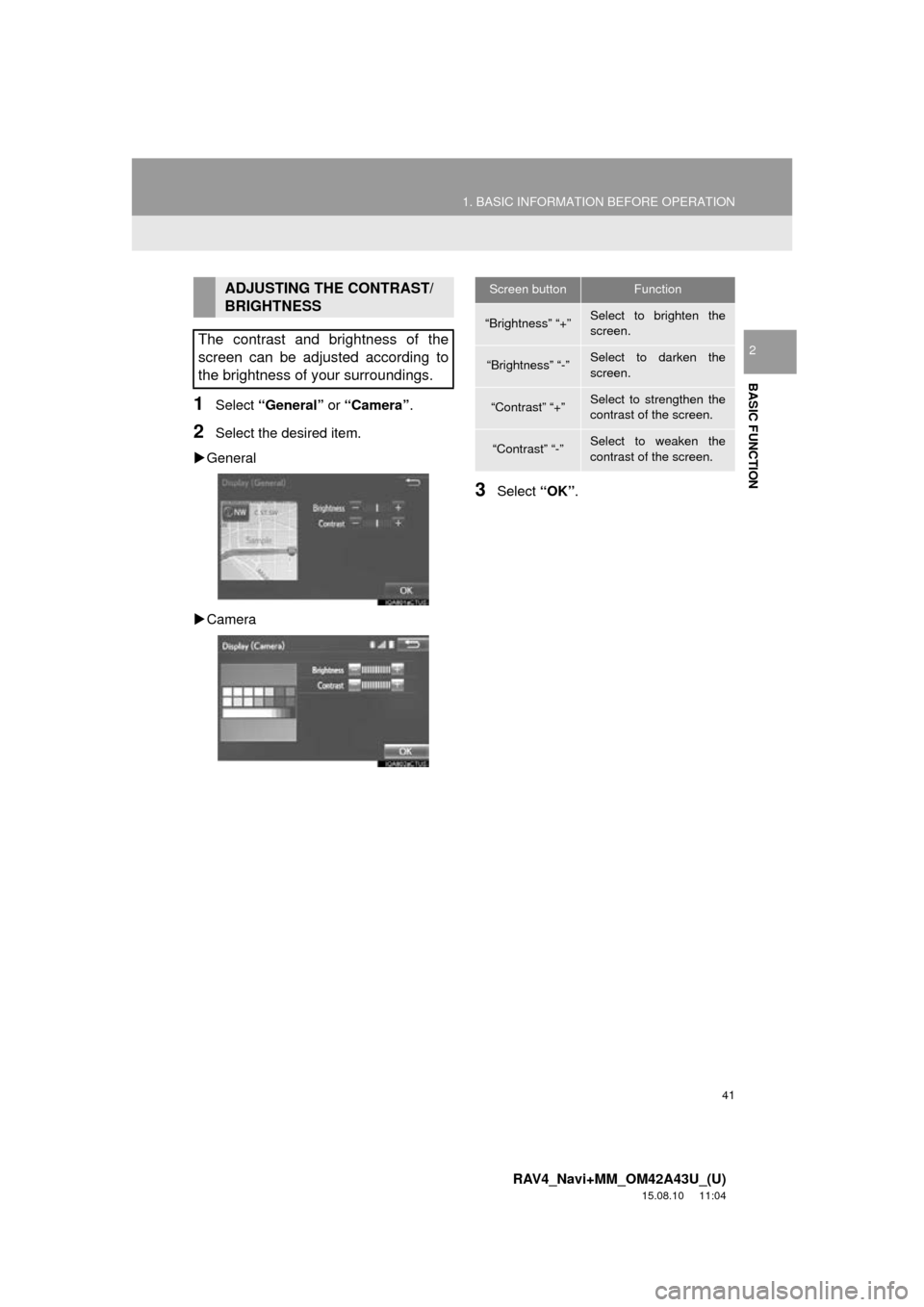 TOYOTA RAV4 2016 XA40 / 4.G Navigation Manual 41
1. BASIC INFORMATION BEFORE OPERATION
RAV4_Navi+MM_OM42A43U_(U)
15.08.10 11:04
BASIC FUNCTION
2
1Select “General” or “Camera” .
2Select the desired item.
General
Camera
3Select TOYOTA RAV4 2016 XA40 / 4.G Navigation Manual 41
1. BASIC INFORMATION BEFORE OPERATION
RAV4_Navi+MM_OM42A43U_(U)
15.08.10 11:04
BASIC FUNCTION
2
1Select “General” or “Camera” .
2Select the desired item.
General
Camera
3Select