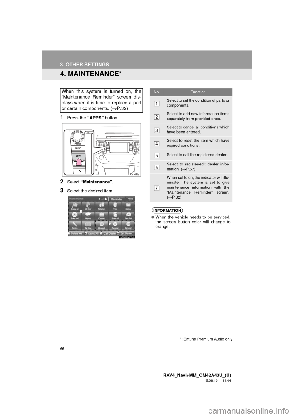 TOYOTA RAV4 2016 XA40 / 4.G Navigation Manual 66
3. OTHER SETTINGS
RAV4_Navi+MM_OM42A43U_(U)
15.08.10 11:04
4. MAINTENANCE*
1Press the “APPS” button.
2Select “Maintenance” .
3Select the desired item.
When this system is turned on, the TOYOTA RAV4 2016 XA40 / 4.G Navigation Manual 66
3. OTHER SETTINGS
RAV4_Navi+MM_OM42A43U_(U)
15.08.10 11:04
4. MAINTENANCE*
1Press the “APPS” button.
2Select “Maintenance” .
3Select the desired item.
When this system is turned on, the
