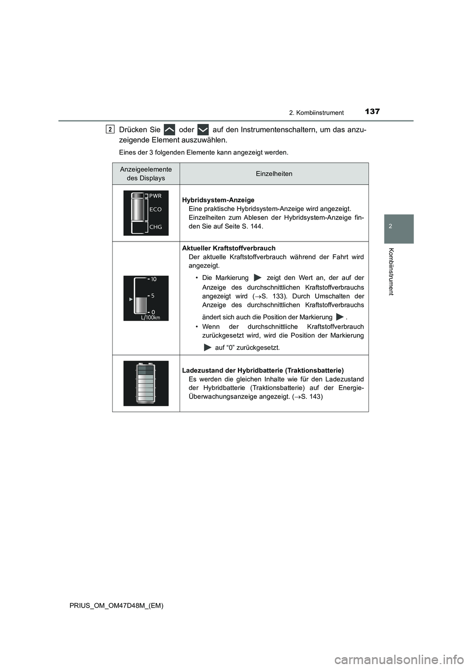 TOYOTA PRIUS 2019 Betriebsanleitungen (in German) 1372. Kombiinstrument
2
Kombiinstrument
PRIUS_OM_OM47D48M_(EM)
Drücken Sie oder auf den Instrumentenschaltern, um das anzu-
zeigende Element auszuwählen.
Eines der 3 folgenden Elemente kann ange TOYOTA PRIUS 2019 Betriebsanleitungen (in German) 1372. Kombiinstrument
2
Kombiinstrument
PRIUS_OM_OM47D48M_(EM)
Drücken Sie oder auf den Instrumentenschaltern, um das anzu-
zeigende Element auszuwählen.
Eines der 3 folgenden Elemente kann ange