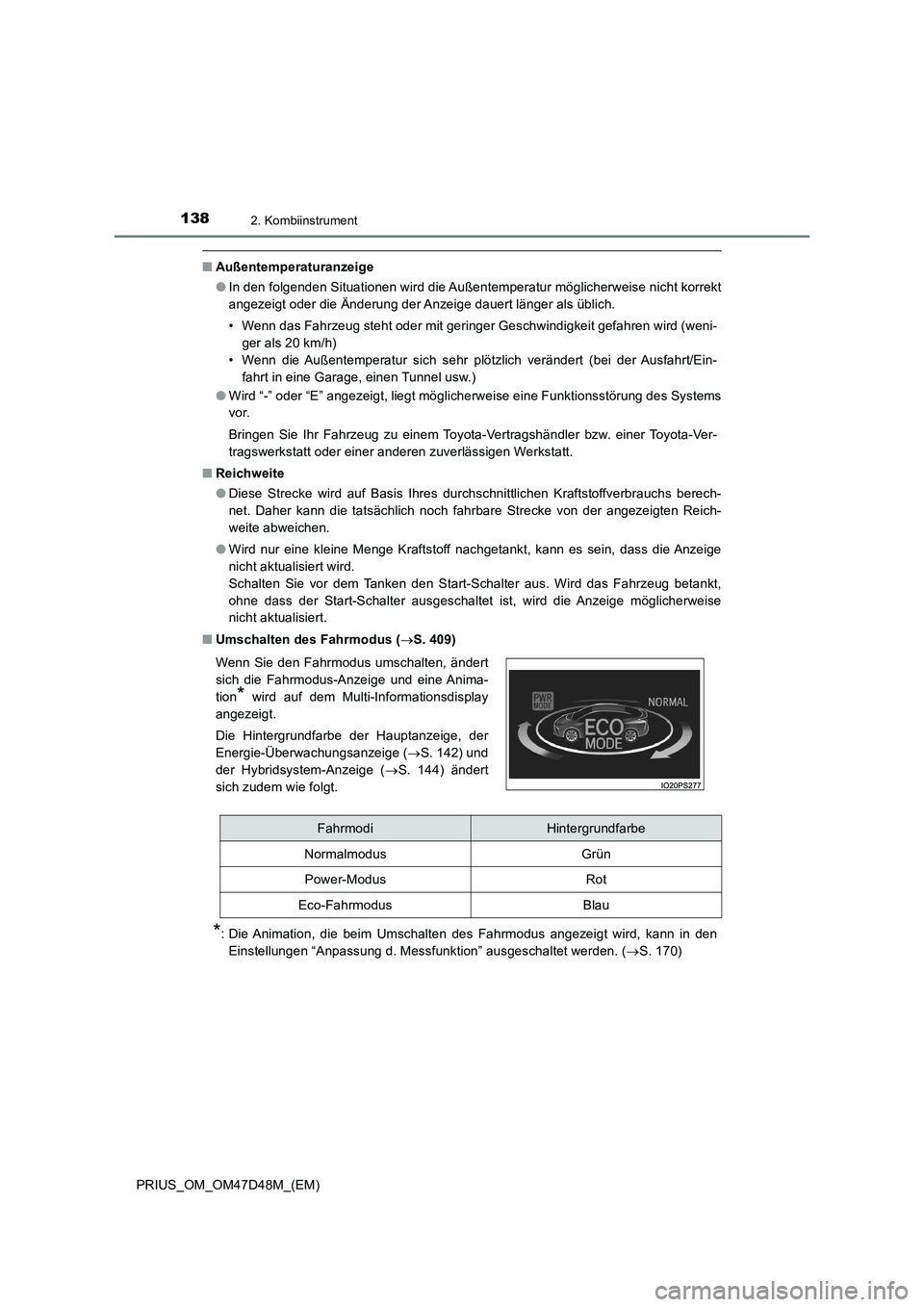 TOYOTA PRIUS 2019 Betriebsanleitungen (in German) 1382. Kombiinstrument
PRIUS_OM_OM47D48M_(EM)
■Außentemperaturanzeige
●In den folgenden Situationen wird die Außentemperatur möglicherweise nicht korrekt
angezeigt oder die Änderung der Anzeige TOYOTA PRIUS 2019 Betriebsanleitungen (in German) 1382. Kombiinstrument
PRIUS_OM_OM47D48M_(EM)
■Außentemperaturanzeige
●In den folgenden Situationen wird die Außentemperatur möglicherweise nicht korrekt
angezeigt oder die Änderung der Anzeige