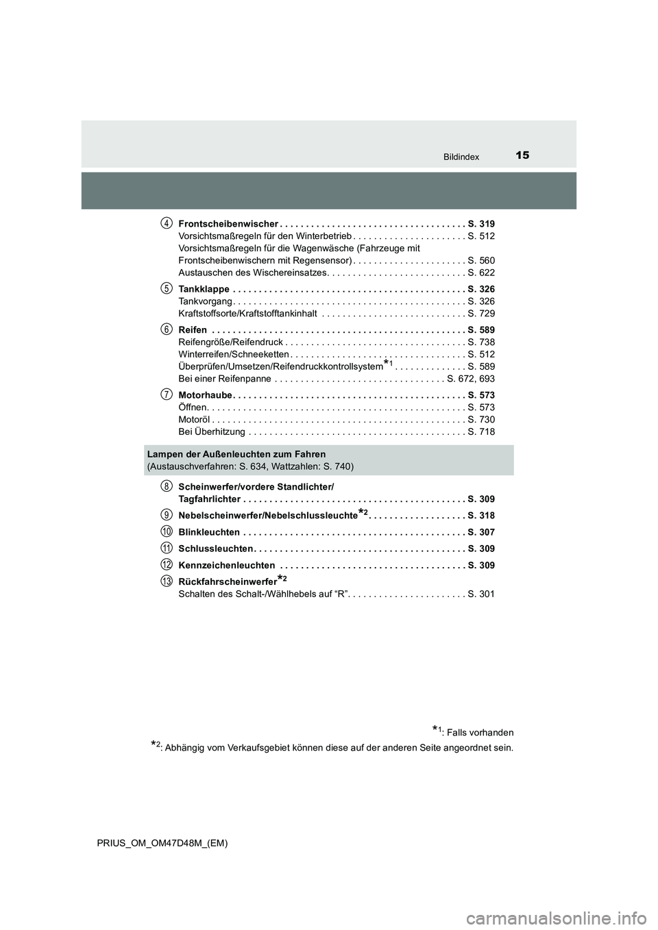 TOYOTA PRIUS 2019  Betriebsanleitungen (in German) 15Bildindex
PRIUS_OM_OM47D48M_(EM)Frontscheibenwischer . . . . . . . . . . . . . . . . . . . . . . . . . . . . . . . . . . . . S. 319
Vorsichtsmaßregeln für den Winterbetrieb . . . . . . . . . . . .