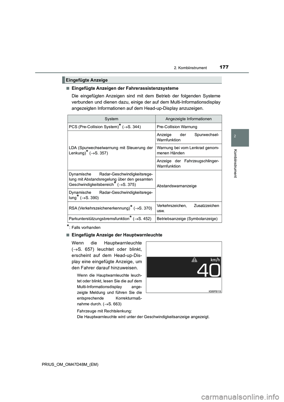 TOYOTA PRIUS 2019 Betriebsanleitungen (in German) 1772. Kombiinstrument
2
Kombiinstrument
PRIUS_OM_OM47D48M_(EM)■
Eingefügte Anzeigen der Fahrerassistenzsysteme
Die eingefügten Anzeigen sind mit dem Betrieb der folgenden Systeme
verbunden und die TOYOTA PRIUS 2019 Betriebsanleitungen (in German) 1772. Kombiinstrument
2
Kombiinstrument
PRIUS_OM_OM47D48M_(EM)■
Eingefügte Anzeigen der Fahrerassistenzsysteme
Die eingefügten Anzeigen sind mit dem Betrieb der folgenden Systeme
verbunden und die