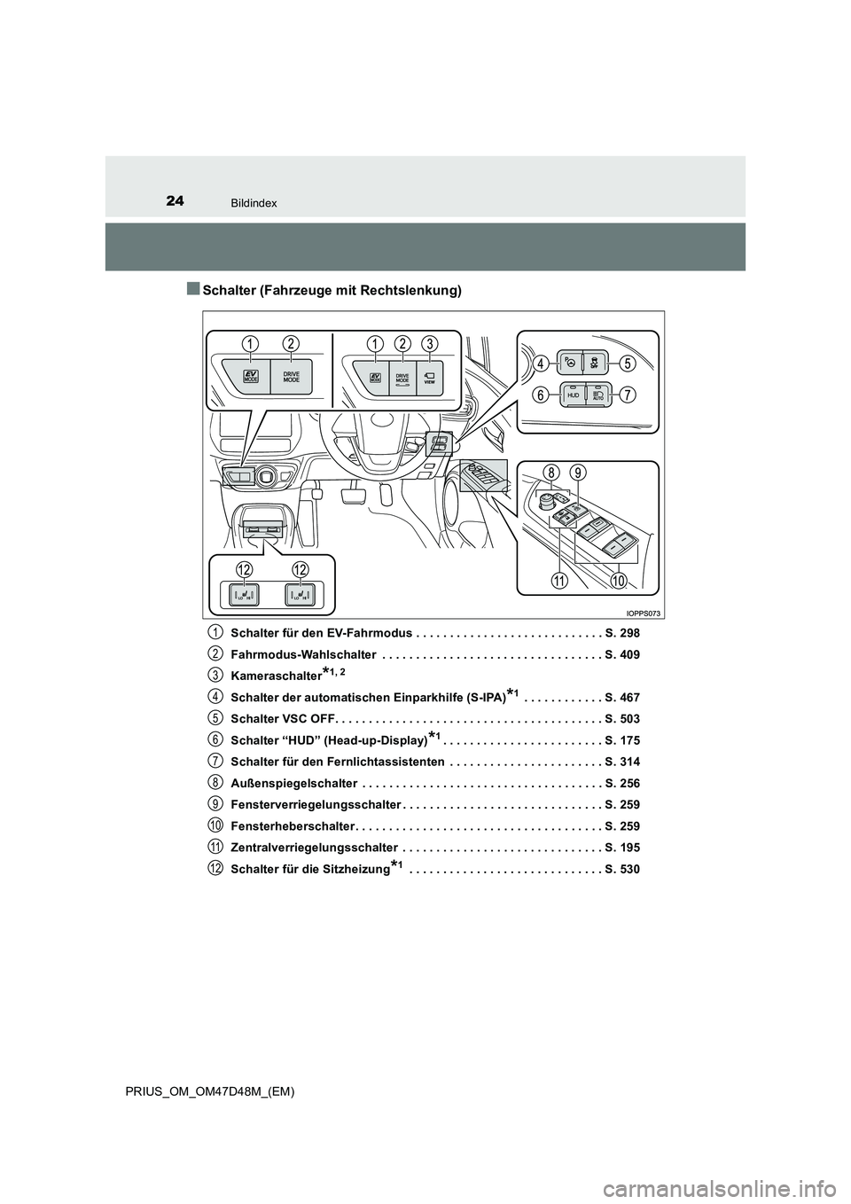 TOYOTA PRIUS 2019  Betriebsanleitungen (in German) 24Bildindex
PRIUS_OM_OM47D48M_(EM)
■Schalter (Fahrzeuge mit Rechtslenkung)
Schalter für den EV-Fahrmodus . . . . . . . . . . . . . . . . . . . . . . . . . . . . S. 298 
Fahrmodus-Wahlschalter  . . 