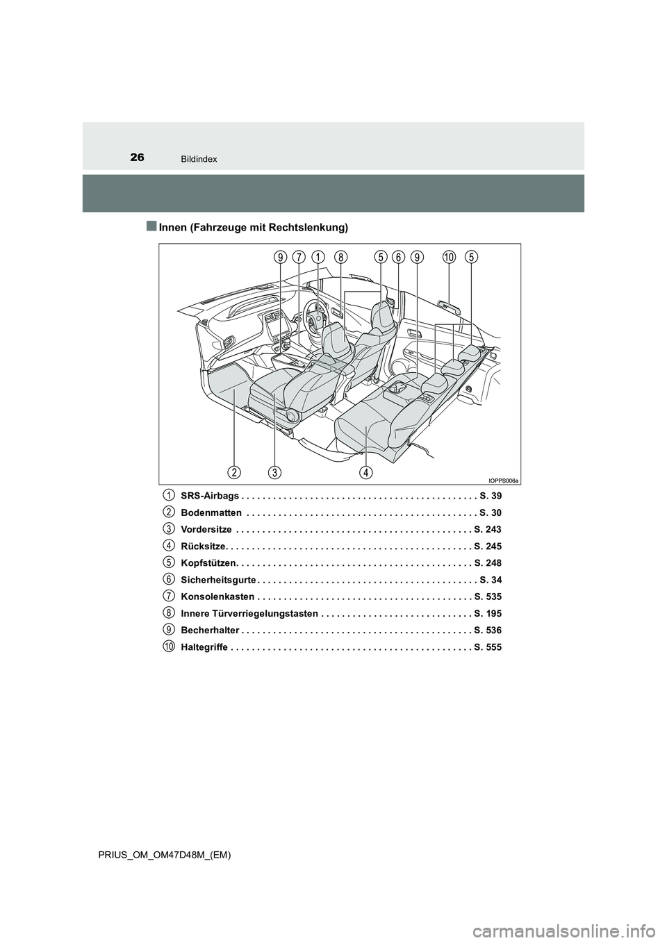 TOYOTA PRIUS 2019  Betriebsanleitungen (in German) 26Bildindex
PRIUS_OM_OM47D48M_(EM)
■Innen (Fahrzeuge mit Rechtslenkung)
SRS-Airbags . . . . . . . . . . . . . . . . . . . . . . . . . . . . . . . . . . . . . . . . . . . . . S. 39 
Bodenmatten  . . 