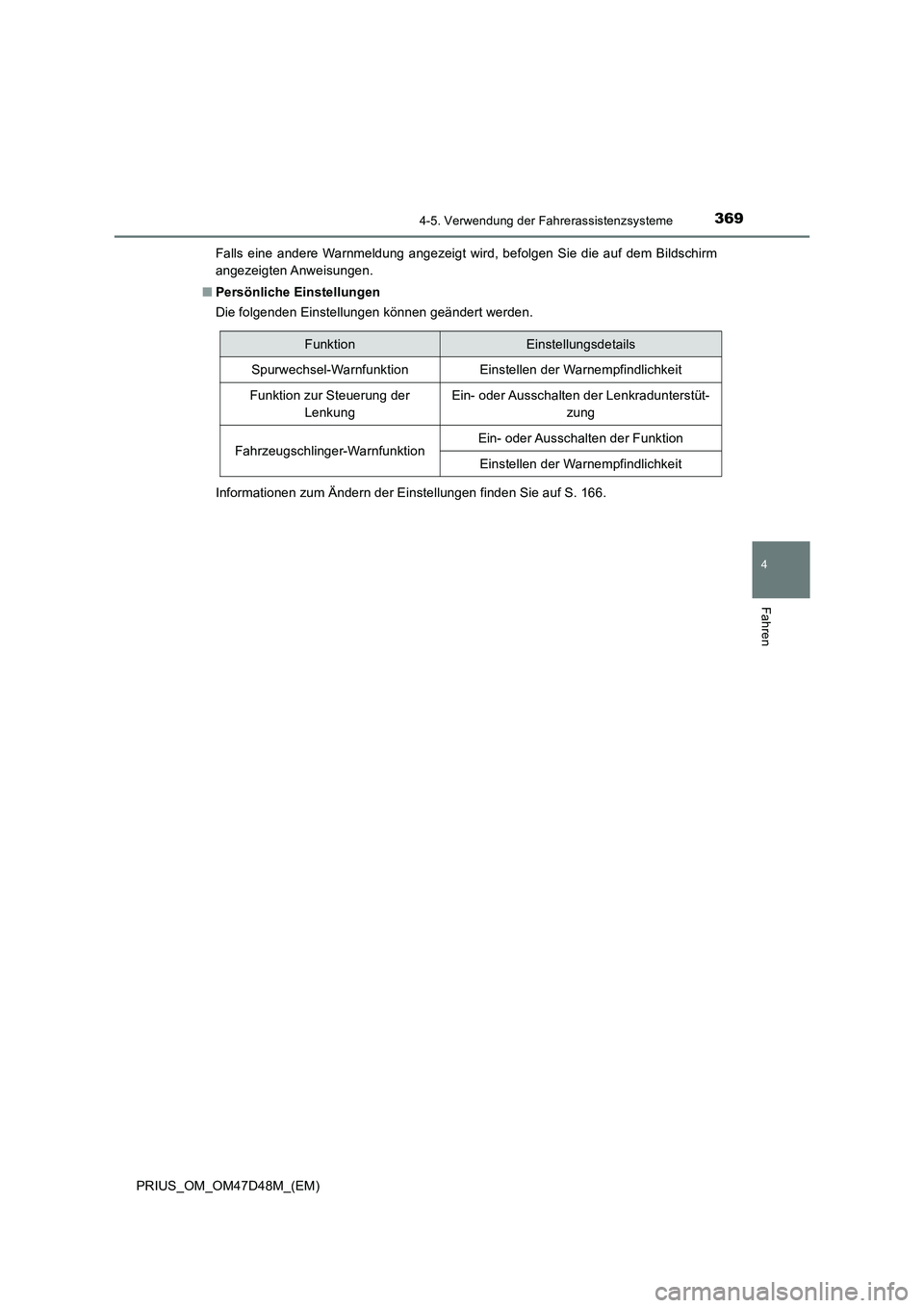 TOYOTA PRIUS 2019 Betriebsanleitungen (in German) 3694-5. Verwendung der Fahrerassistenzsysteme
4
Fahren
PRIUS_OM_OM47D48M_(EM)Falls eine andere Warnmeldung angezeigt wird, befolgen Sie die auf dem Bildschirm
angezeigten Anweisungen.
■Persönliche TOYOTA PRIUS 2019 Betriebsanleitungen (in German) 3694-5. Verwendung der Fahrerassistenzsysteme
4
Fahren
PRIUS_OM_OM47D48M_(EM)Falls eine andere Warnmeldung angezeigt wird, befolgen Sie die auf dem Bildschirm
angezeigten Anweisungen.
■Persönliche