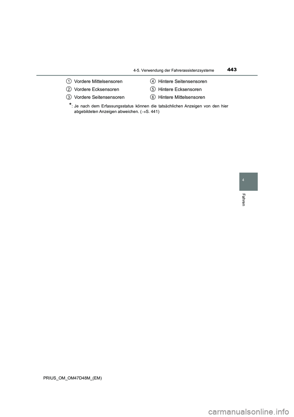 TOYOTA PRIUS 2019  Betriebsanleitungen (in German) 4434-5. Verwendung der Fahrerassistenzsysteme
4
Fahren
PRIUS_OM_OM47D48M_(EM)
*: Je nach dem Erfassungsstatus können die tatsächlichen Anzeigen von den hier
abgebildeten Anzeigen abweichen. (S. 4