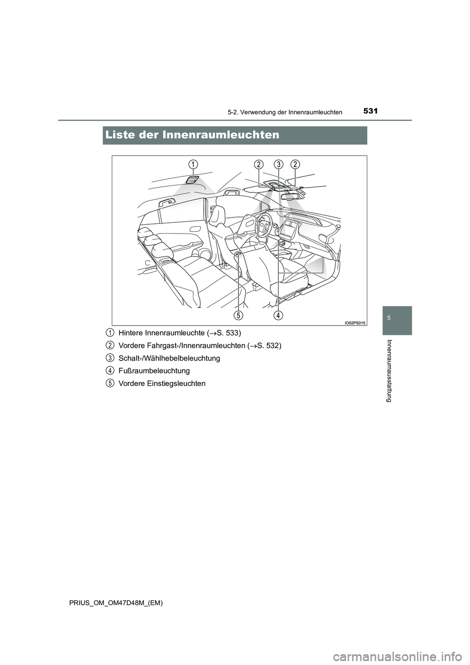 TOYOTA PRIUS 2019  Betriebsanleitungen (in German) 5315-2. Verwendung der Innenraumleuchten
PRIUS_OM_OM47D48M_(EM)
5
Innenraumausstattung
Liste der Innenraumleuchten
Hintere Innenraumleuchte (S. 533)
Vordere Fahrgast-/Innenraumleuchten (S. 532)
