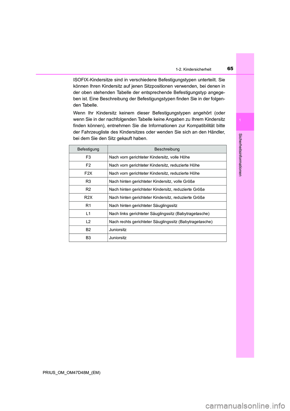 TOYOTA PRIUS 2019  Betriebsanleitungen (in German) 651-2. Kindersicherheit
1
PRIUS_OM_OM47D48M_(EM)
Sicherheitsinformationen
ISOFIX-Kindersitze sind in verschiedene Befestigungstypen unterteilt. Sie 
können Ihren Kindersitz auf jenen Sitzpositionen v