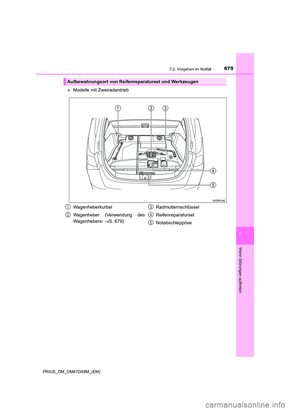 TOYOTA PRIUS 2019 Betriebsanleitungen (in German) 6757-2. Vorgehen im Notfall
PRIUS_OM_OM47D48M_(EM)
7
Wenn Störungen auftreten
Modelle mit Zweiradantrieb
Aufbewahrungsort von Reifenreparaturset und Werkzeugen
Wagenheberkurbel
Wagenheber (Verwen TOYOTA PRIUS 2019 Betriebsanleitungen (in German) 6757-2. Vorgehen im Notfall
PRIUS_OM_OM47D48M_(EM)
7
Wenn Störungen auftreten
Modelle mit Zweiradantrieb
Aufbewahrungsort von Reifenreparaturset und Werkzeugen
Wagenheberkurbel
Wagenheber (Verwen
