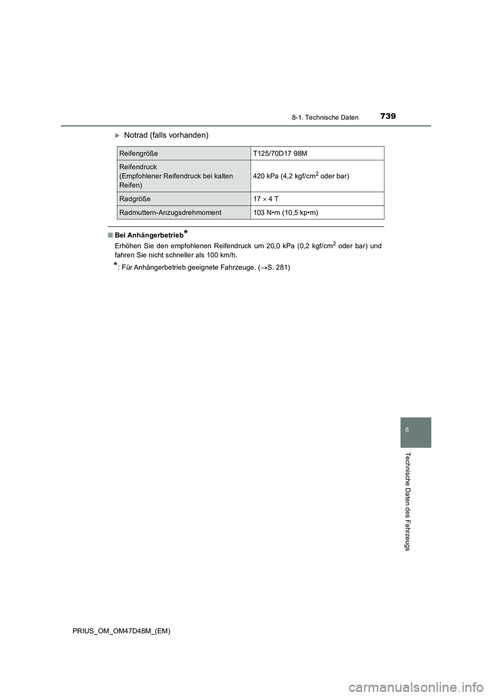 TOYOTA PRIUS 2019  Betriebsanleitungen (in German) 7398-1. Technische Daten
PRIUS_OM_OM47D48M_(EM)
8
Technische Daten des Fahrzeugs
Notrad (falls vorhanden)
■Bei Anhängerbetrieb*
Erhöhen Sie den empfohlenen Reifendruck um 20,0 kPa (0,2 kgf/cm2 