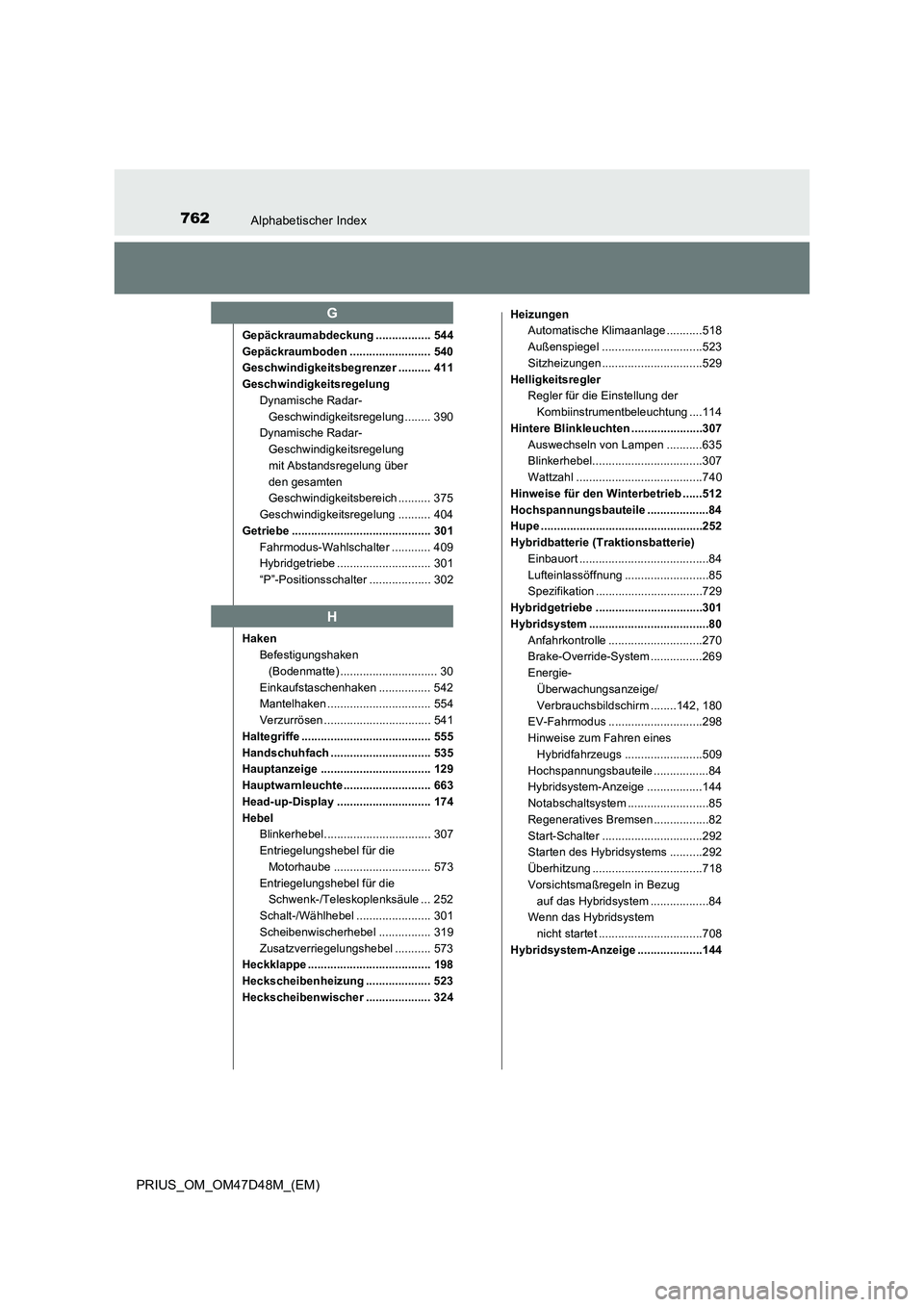TOYOTA PRIUS 2019  Betriebsanleitungen (in German) 762Alphabetischer Index
PRIUS_OM_OM47D48M_(EM)
Gepäckraumabdeckung ................. 544
Gepäckraumboden ......................... 540
Geschwindigkeitsbegrenzer .......... 411
Geschwindigkeitsregelu