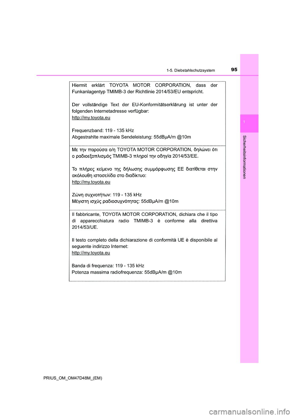 TOYOTA PRIUS 2019 Betriebsanleitungen (in German) 951-5. Diebstahlschutzsystem
1
PRIUS_OM_OM47D48M_(EM)
Sicherheitsinformationen TOYOTA PRIUS 2019 Betriebsanleitungen (in German) 951-5. Diebstahlschutzsystem
1
PRIUS_OM_OM47D48M_(EM)
Sicherheitsinformationen