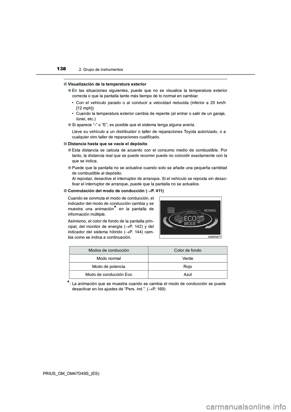 TOYOTA PRIUS 2019  Manual del propietario (in Spanish) 1382. Grupo de instrumentos
PRIUS_OM_OM47D49S_(ES)
■Visualización de la temperatura exterior
●En las situaciones siguientes, puede que no se visualice la temperatura exterior
correcta o que la pa