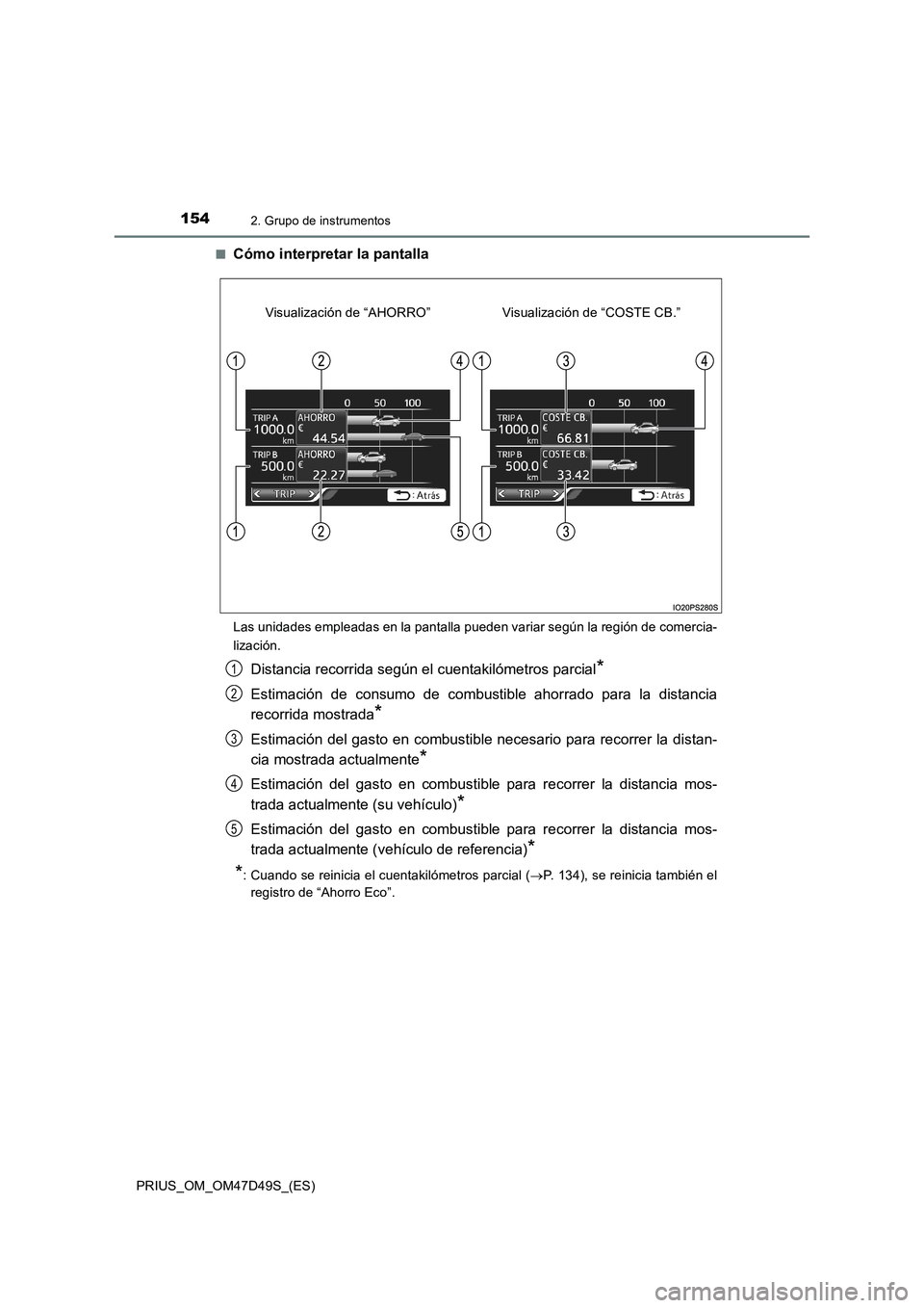 TOYOTA PRIUS 2019  Manual del propietario (in Spanish) 1542. Grupo de instrumentos
PRIUS_OM_OM47D49S_(ES)■
Cómo interpretar la pantalla
Las unidades empleadas en la pantalla pueden variar según la región de comercia-
lización.
Distancia recorrida se