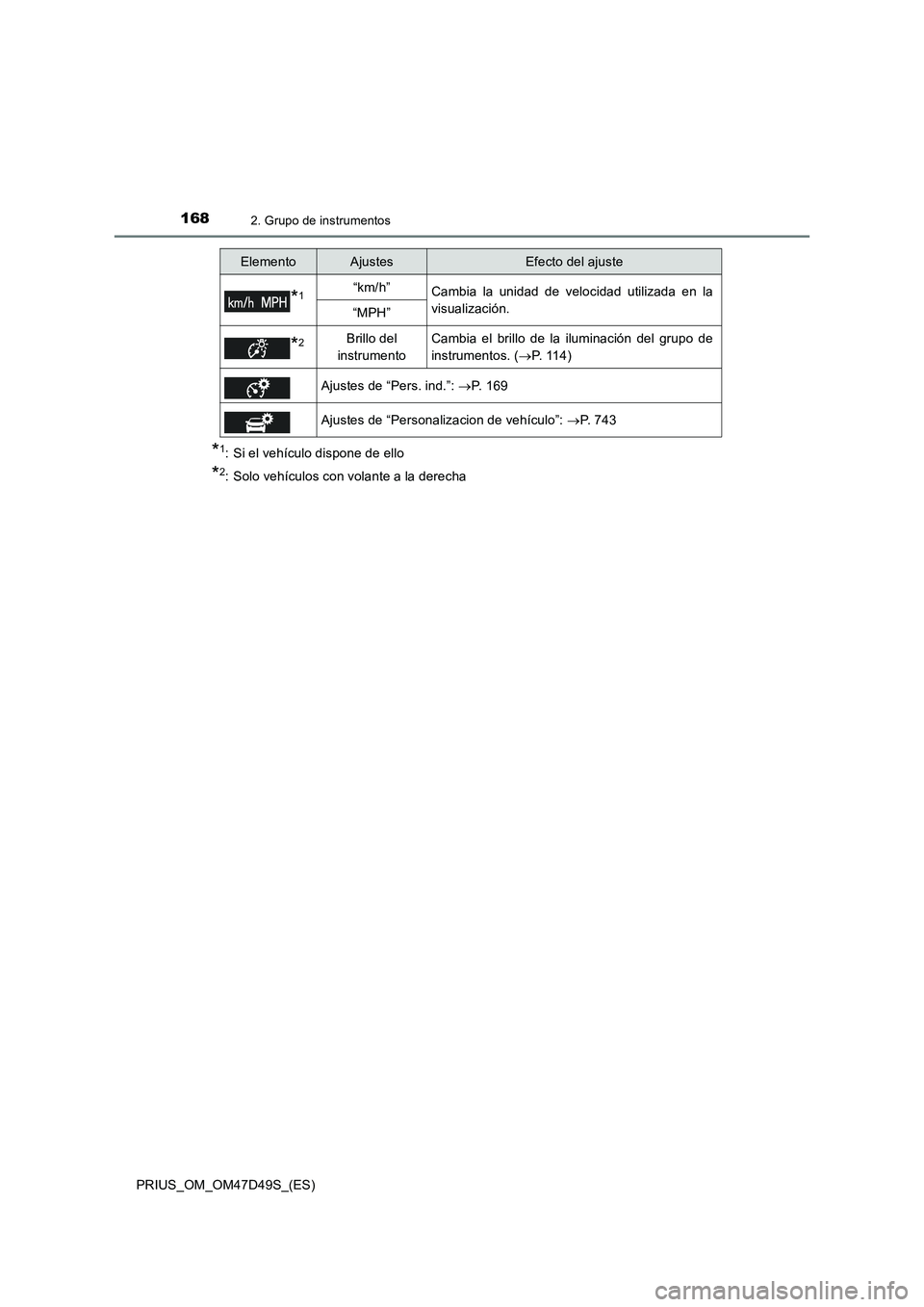 TOYOTA PRIUS 2019  Manual del propietario (in Spanish) 1682. Grupo de instrumentos
PRIUS_OM_OM47D49S_(ES)
*1: Si el vehículo dispone de ello
*2: Solo vehículos con volante a la derecha
*1“km/h”Cambia la unidad de velocidad utilizada en la
visualizac