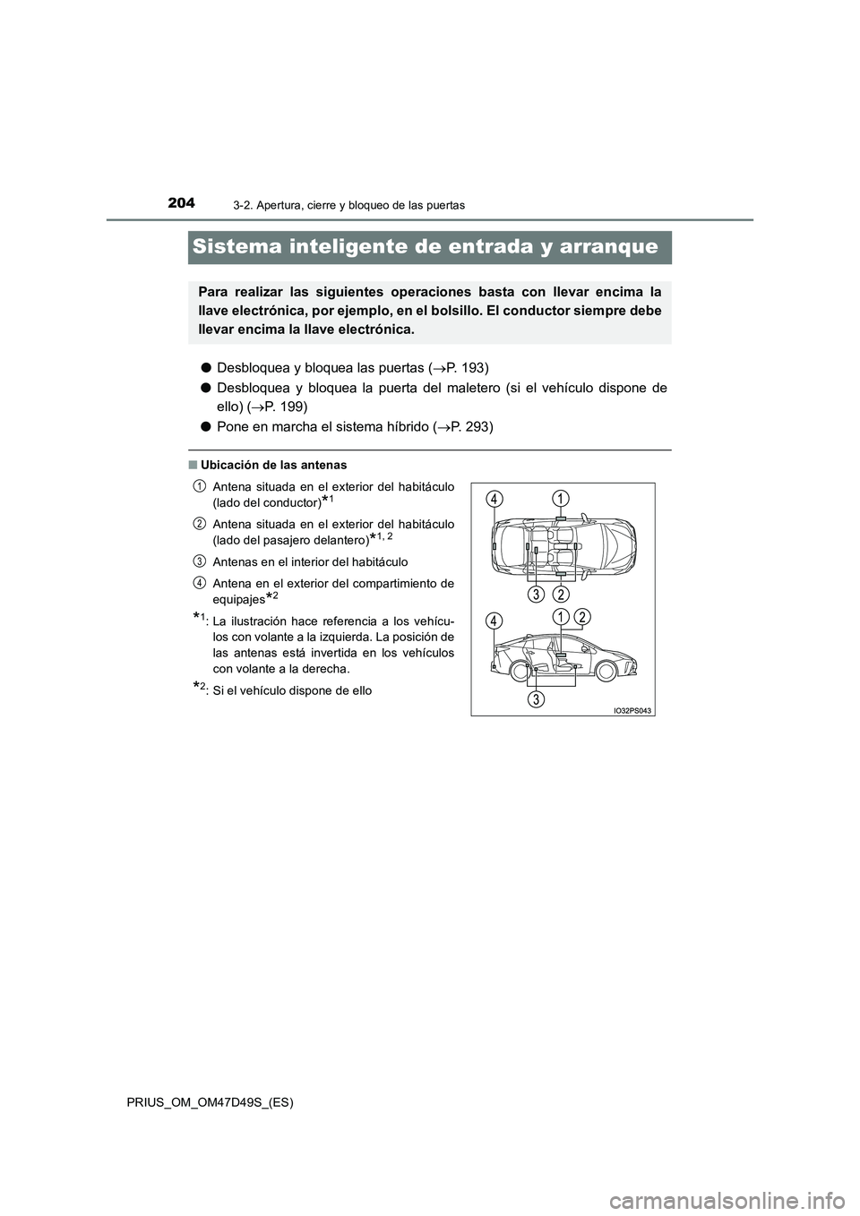 TOYOTA PRIUS 2019 Manual del propietario (in Spanish) 2043-2. Apertura, cierre y bloqueo de las puertas
PRIUS_OM_OM47D49S_(ES)
Sistema inteligente de entrada y arranque
●Desbloquea y bloquea las puertas (P. 193)
● Desbloquea y bloquea la puerta d TOYOTA PRIUS 2019 Manual del propietario (in Spanish) 2043-2. Apertura, cierre y bloqueo de las puertas
PRIUS_OM_OM47D49S_(ES)
Sistema inteligente de entrada y arranque
●Desbloquea y bloquea las puertas (P. 193)
● Desbloquea y bloquea la puerta d