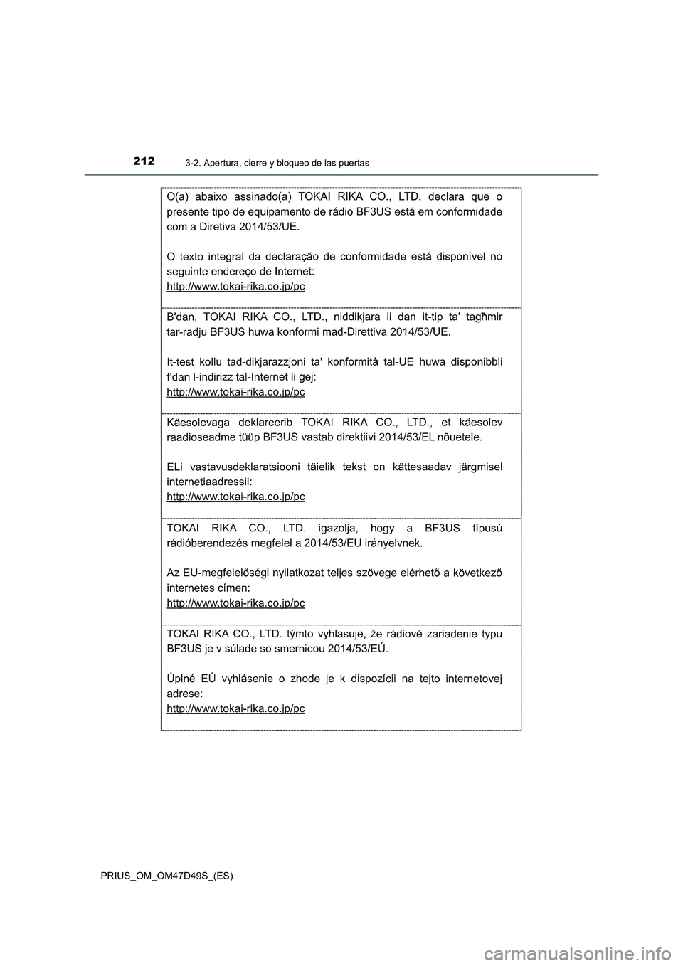 TOYOTA PRIUS 2019  Manual del propietario (in Spanish) 2123-2. Apertura, cierre y bloqueo de las puertas
PRIUS_OM_OM47D49S_(ES) 
