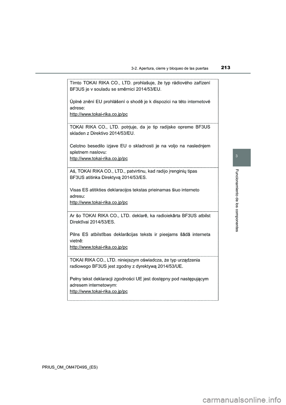 TOYOTA PRIUS 2019  Manual del propietario (in Spanish) 2133-2. Apertura, cierre y bloqueo de las puertas
3
Funcionamiento de los componentes
PRIUS_OM_OM47D49S_(ES) 