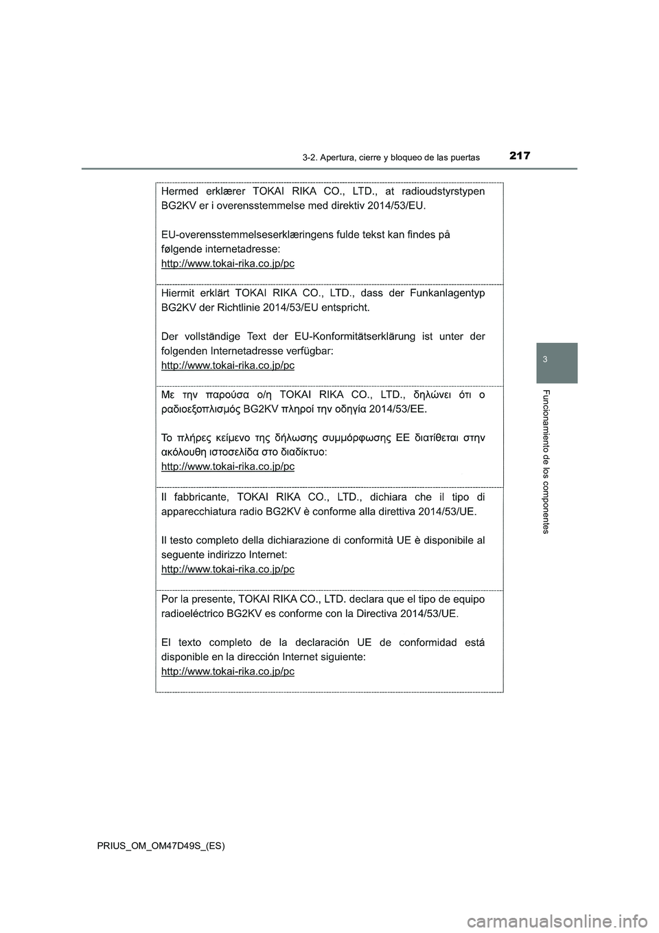 TOYOTA PRIUS 2019  Manual del propietario (in Spanish) 2173-2. Apertura, cierre y bloqueo de las puertas
3
Funcionamiento de los componentes
PRIUS_OM_OM47D49S_(ES) 