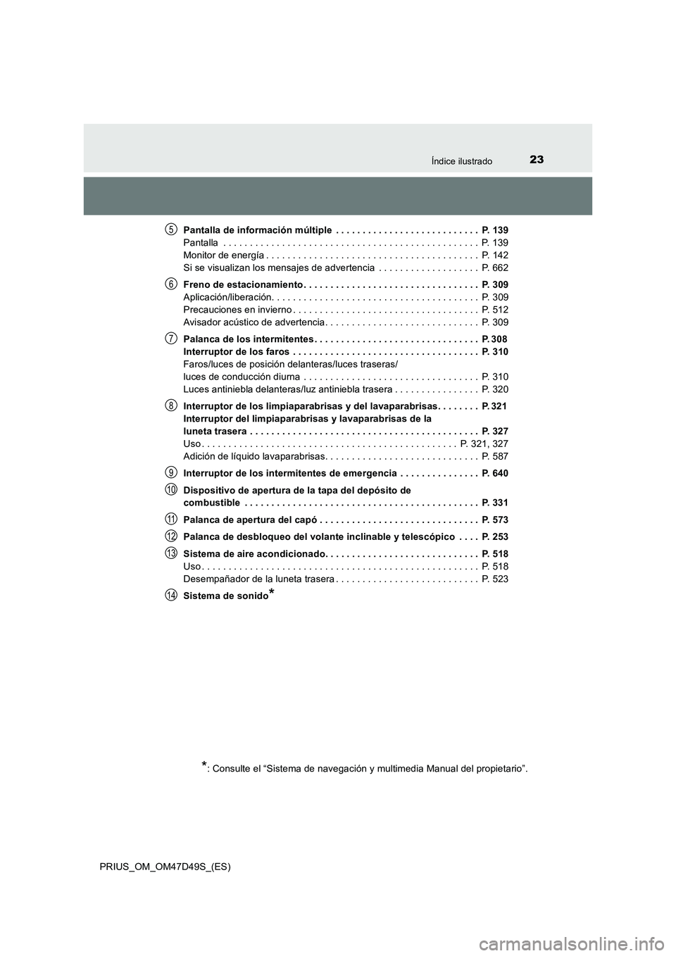 TOYOTA PRIUS 2019 Manual del propietario (in Spanish) 23Índice ilustrado
PRIUS_OM_OM47D49S_(ES)Pantalla de información múltiple . . . . . . . . . . . . . . . . . . . . . . . . . . . P. 139
Pantalla . . . . . . . . . . . . . . . . . . . . . . . . . TOYOTA PRIUS 2019 Manual del propietario (in Spanish) 23Índice ilustrado
PRIUS_OM_OM47D49S_(ES)Pantalla de información múltiple . . . . . . . . . . . . . . . . . . . . . . . . . . . P. 139
Pantalla . . . . . . . . . . . . . . . . . . . . . . . . .