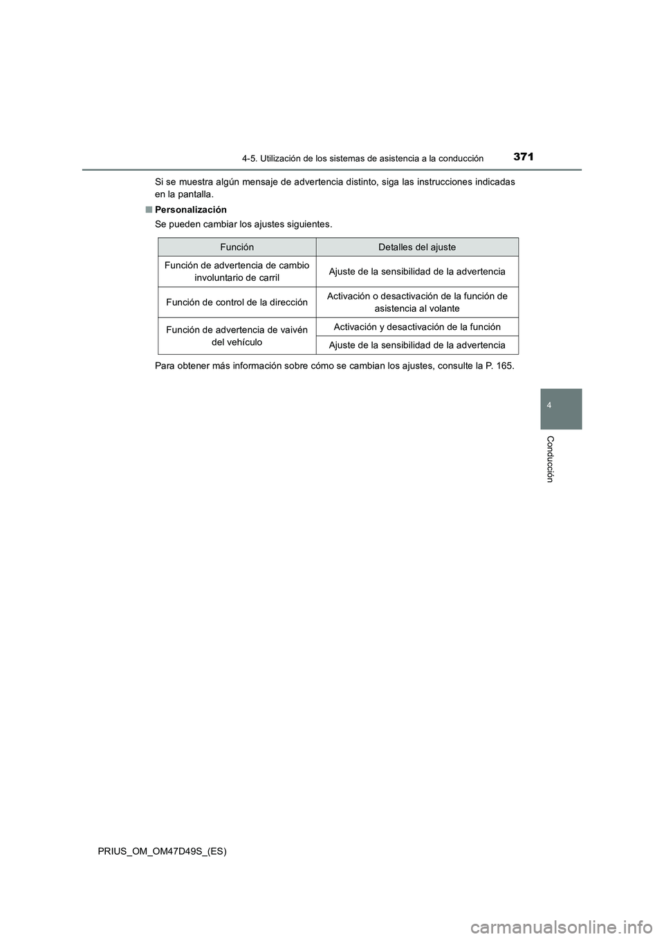 TOYOTA PRIUS 2019  Manual del propietario (in Spanish) 3714-5. Utilización de los sistemas de asistencia a la conducción
4
Conducción
PRIUS_OM_OM47D49S_(ES)Si se muestra algún mensaje de advertencia distinto, siga las instrucciones indicadas
en la pan
