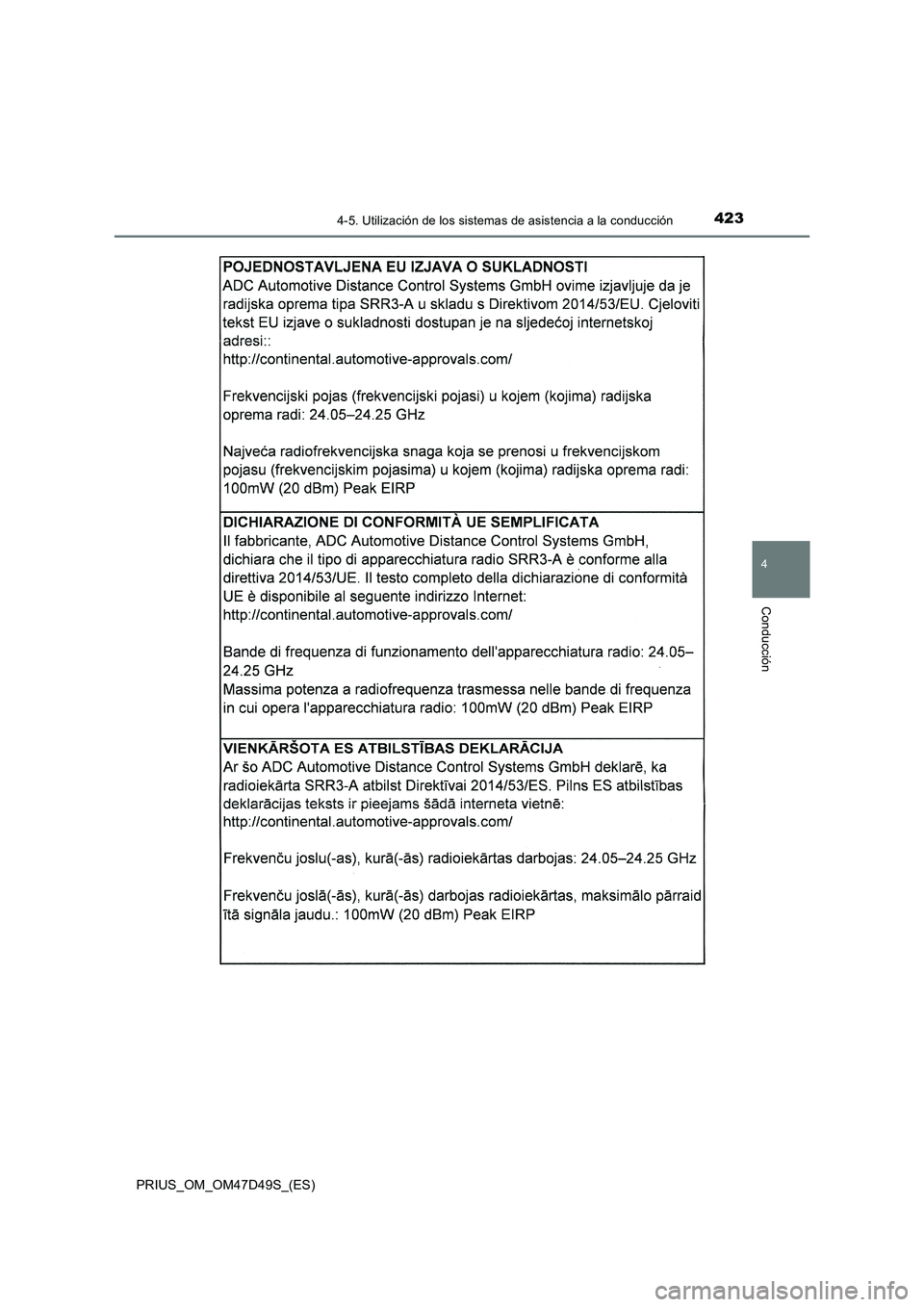 TOYOTA PRIUS 2019  Manual del propietario (in Spanish) 4234-5. Utilización de los sistemas de asistencia a la conducción
4
Conducción
PRIUS_OM_OM47D49S_(ES) 