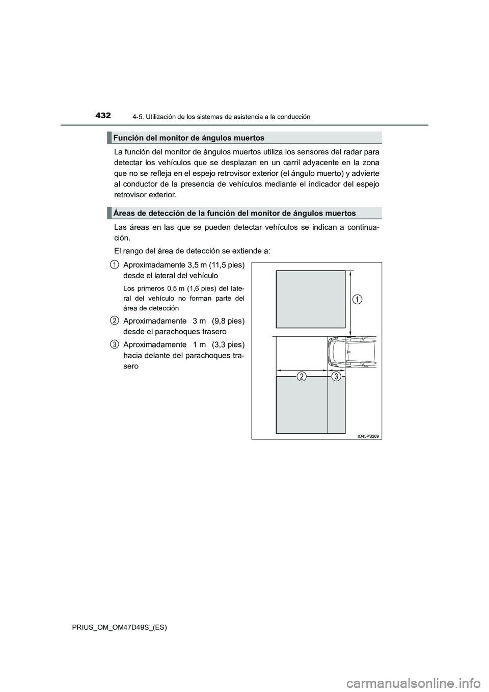 TOYOTA PRIUS 2019 Manual del propietario (in Spanish) 4324-5. Utilización de los sistemas de asistencia a la conducción
PRIUS_OM_OM47D49S_(ES)
La función del monitor de ángulos muertos utiliza los sensores del radar para
detectar los vehículos que s TOYOTA PRIUS 2019 Manual del propietario (in Spanish) 4324-5. Utilización de los sistemas de asistencia a la conducción
PRIUS_OM_OM47D49S_(ES)
La función del monitor de ángulos muertos utiliza los sensores del radar para
detectar los vehículos que s