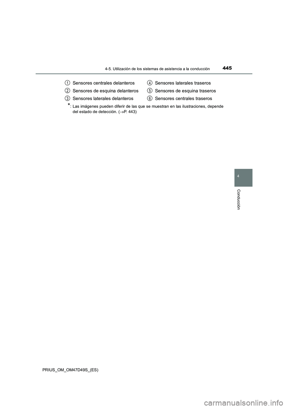 TOYOTA PRIUS 2019 Manual del propietario (in Spanish) 4454-5. Utilización de los sistemas de asistencia a la conducción
4
Conducción
PRIUS_OM_OM47D49S_(ES)
*: Las imágenes pueden diferir de las que se muestran en las ilustraciones, depende
del estado TOYOTA PRIUS 2019 Manual del propietario (in Spanish) 4454-5. Utilización de los sistemas de asistencia a la conducción
4
Conducción
PRIUS_OM_OM47D49S_(ES)
*: Las imágenes pueden diferir de las que se muestran en las ilustraciones, depende
del estado