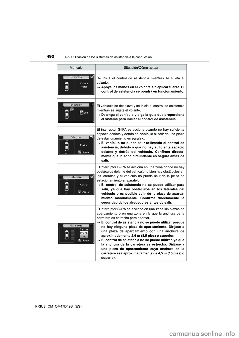 TOYOTA PRIUS 2019 Manual del propietario (in Spanish) 4924-5. Utilización de los sistemas de asistencia a la conducción
PRIUS_OM_OM47D49S_(ES)
Se inicia el control de asistencia mientras se sujeta el
volante.
Apoye las manos en el volante sin aplica TOYOTA PRIUS 2019 Manual del propietario (in Spanish) 4924-5. Utilización de los sistemas de asistencia a la conducción
PRIUS_OM_OM47D49S_(ES)
Se inicia el control de asistencia mientras se sujeta el
volante.
Apoye las manos en el volante sin aplica