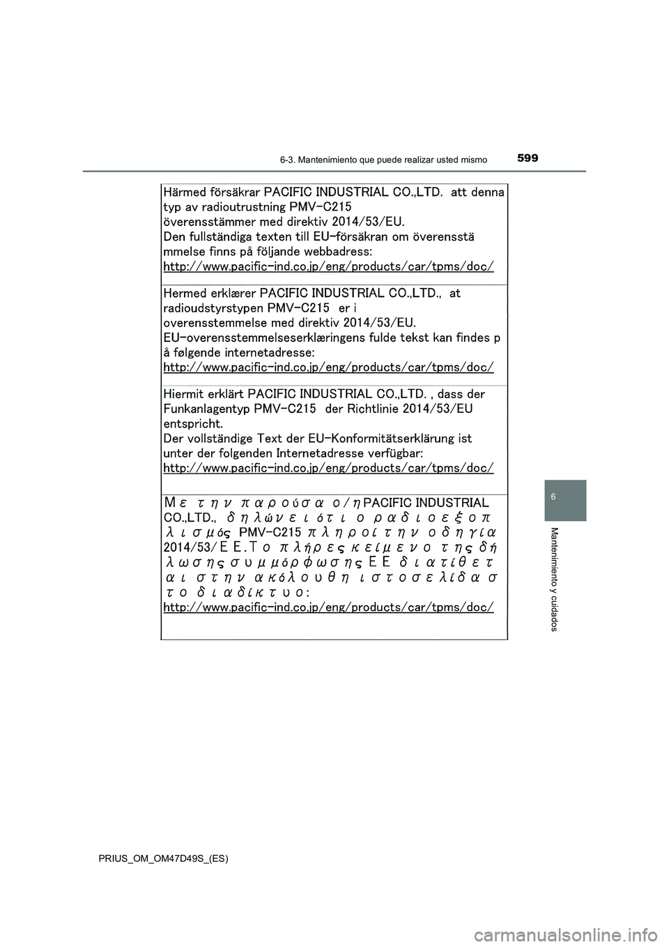 TOYOTA PRIUS 2019  Manual del propietario (in Spanish) 5996-3. Mantenimiento que puede realizar usted mismo
PRIUS_OM_OM47D49S_(ES)
6
Mantenimiento y cuidados 